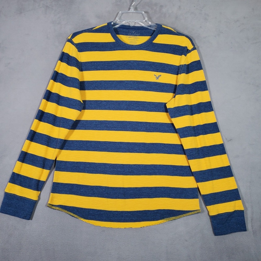 American Eagle Thermal Shirt Mens L Blue Yellow Rugby Stripe Waffle Knit Y2K